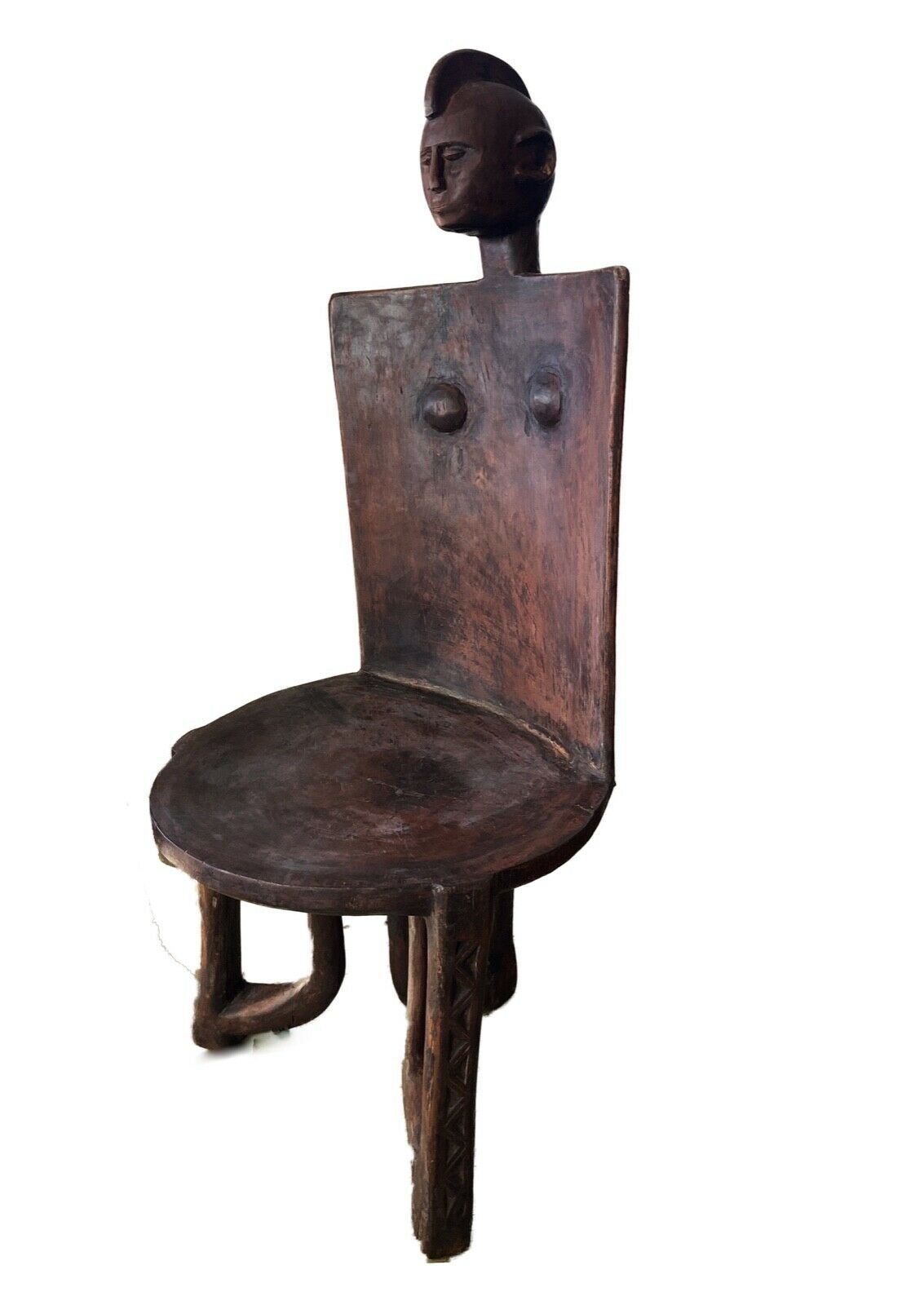 #718 Old LG African 3-Legged Makonde Chair  Tanzania 55" H