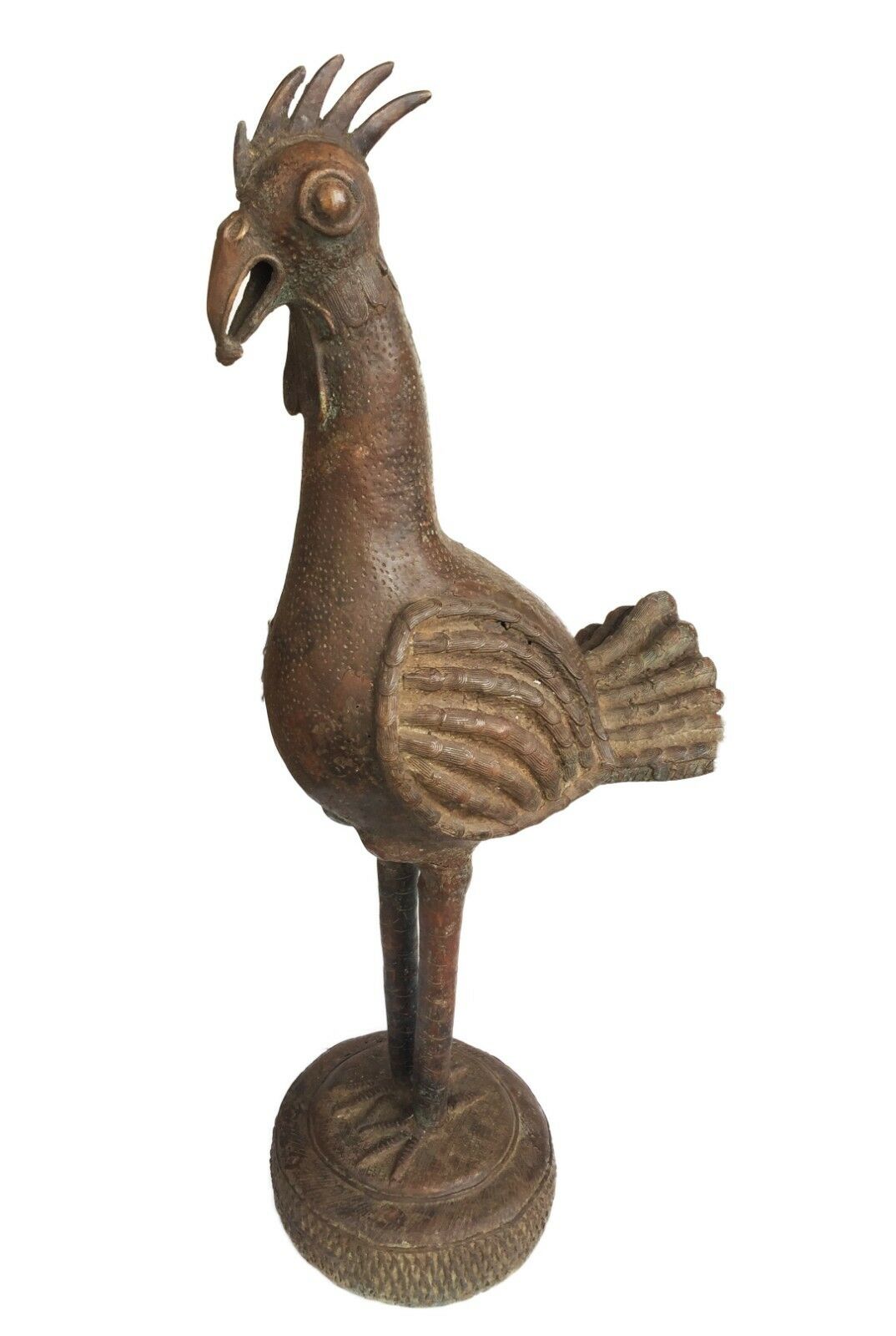 #1573 Huge Bronze AfricanTribal Benin Bronze Rooster 39.5" H