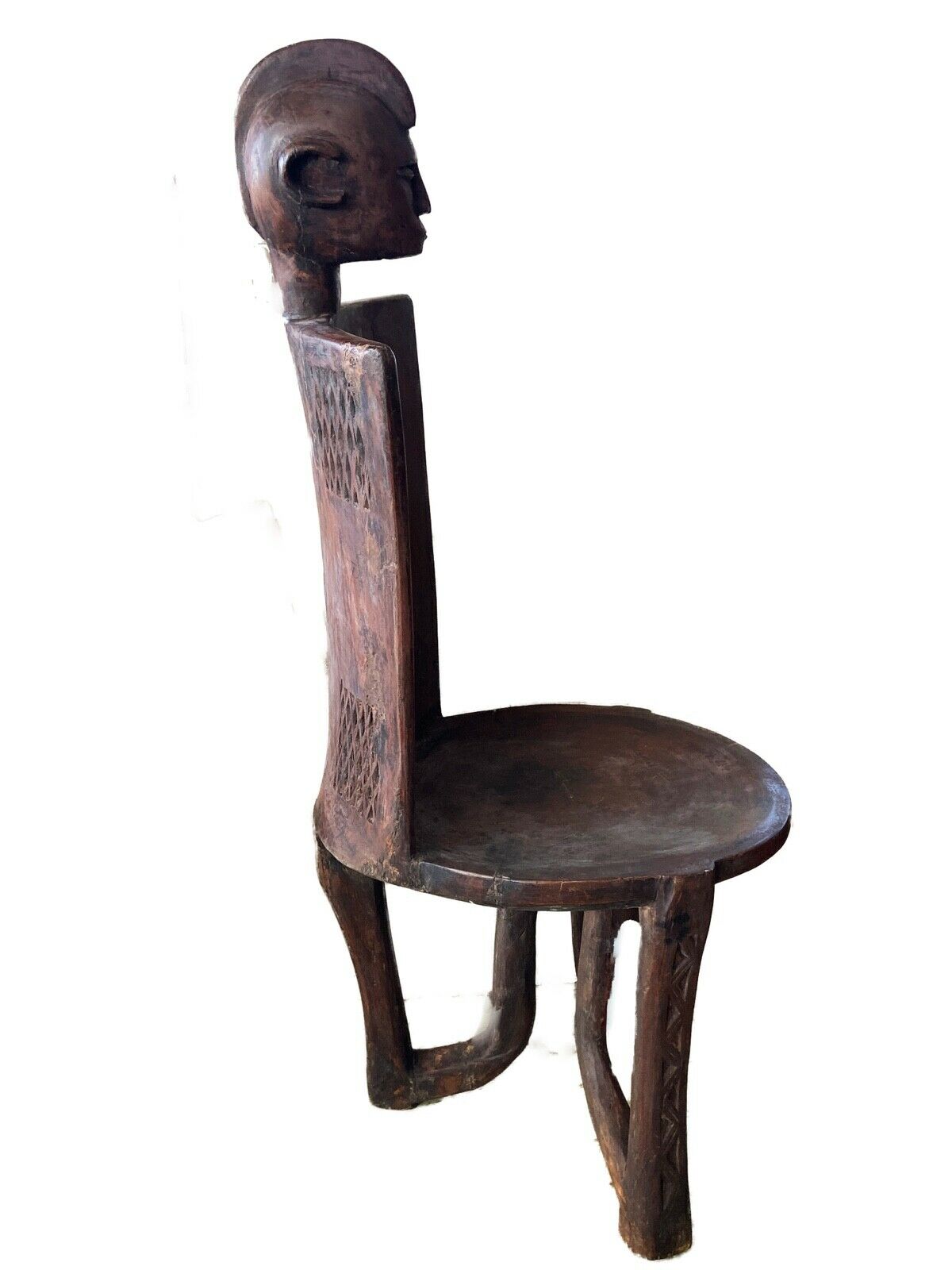 #718 Old LG African 3-Legged Makonde Chair  Tanzania 55" H
