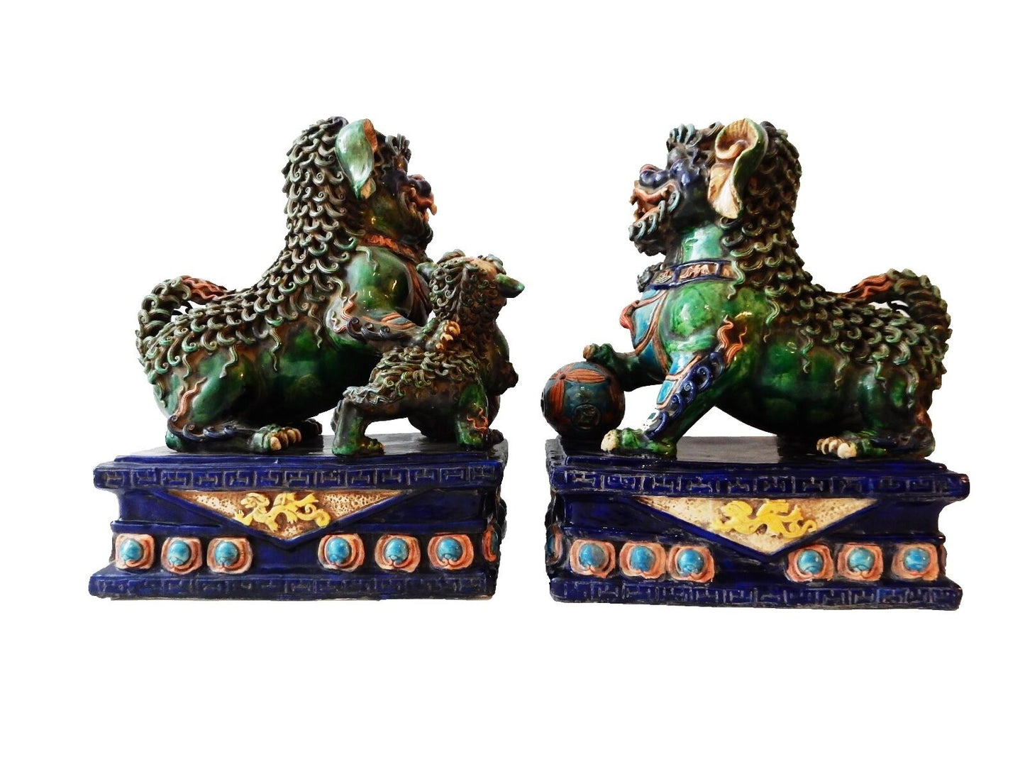 Superb Old Chinese Porcelain Colorful  Foo Dogs Pair 16.75" h