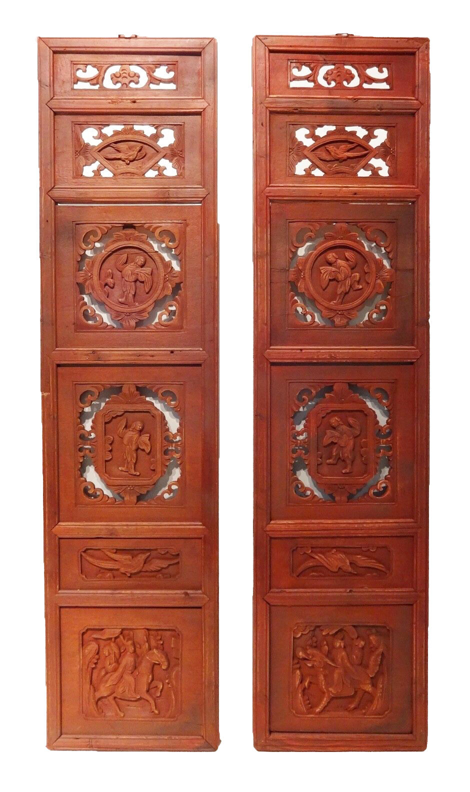 Superb Antique Carved Wood Chinese Wall Hangings/Shutters, Pair 54" h