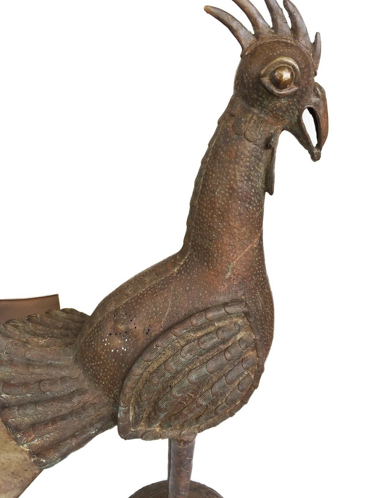 #1573 Huge Bronze AfricanTribal Benin Bronze Rooster 39.5" H