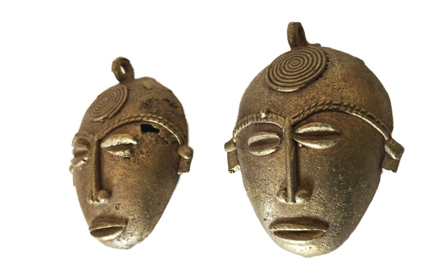 #1887 African Baule Gold Weight Passport/Pendant Bronze Mask  S/2   2.75" h