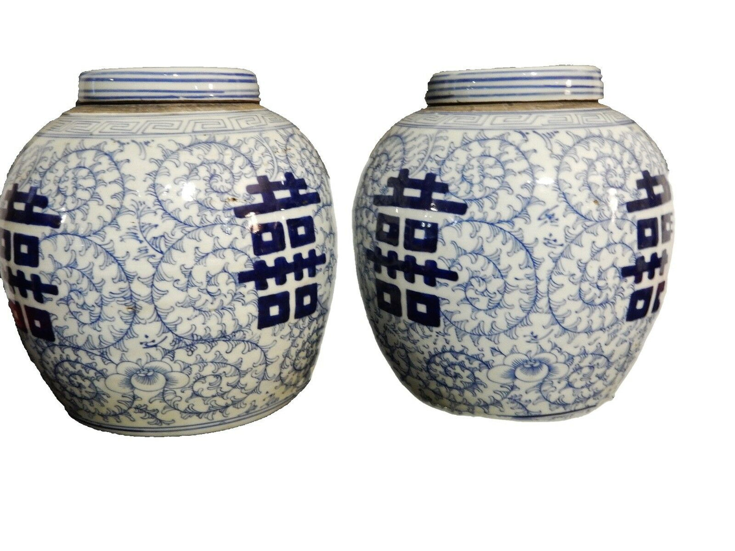 #253P Chinese Double Happiness Blue and White Porcelain Ginger Jars  9" H