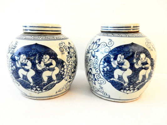 #88 Chinese Blue and White Porcelain Ginger Jars w/ Hundred Boys, S/2   9" H