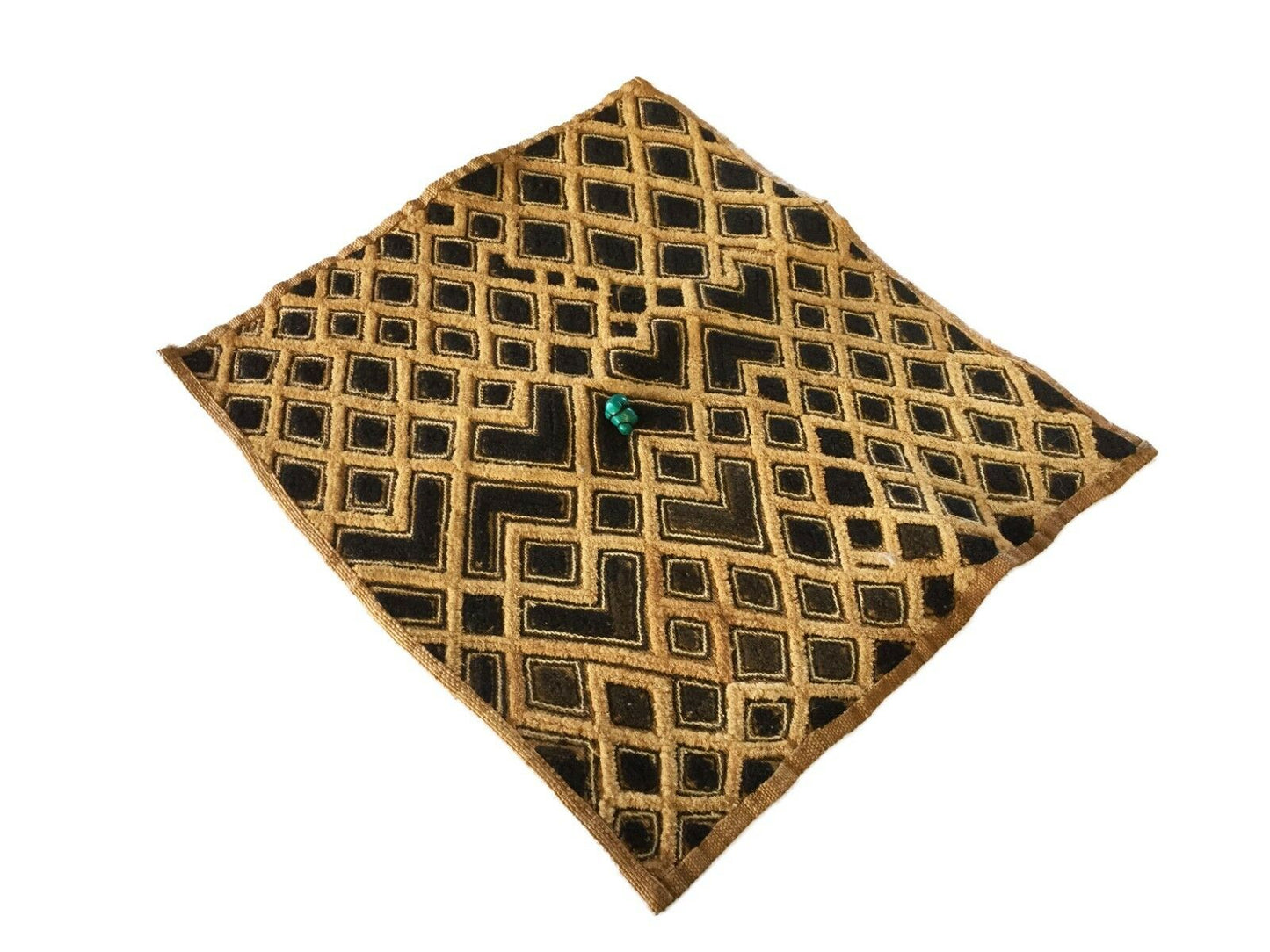 #1846 Kuba Kasai Raffia Textile w/ Turquoise Bead 21" by 23.5"