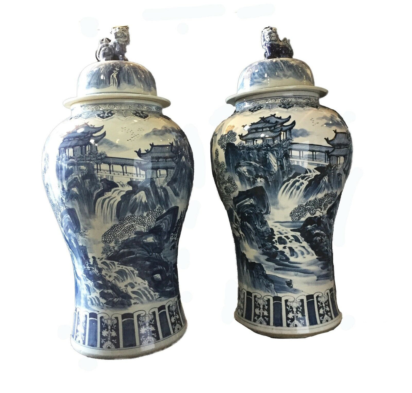 #917 Mansion Size Chinoiserie B & W Porcelain Ginger Jars - a Pair 47" H