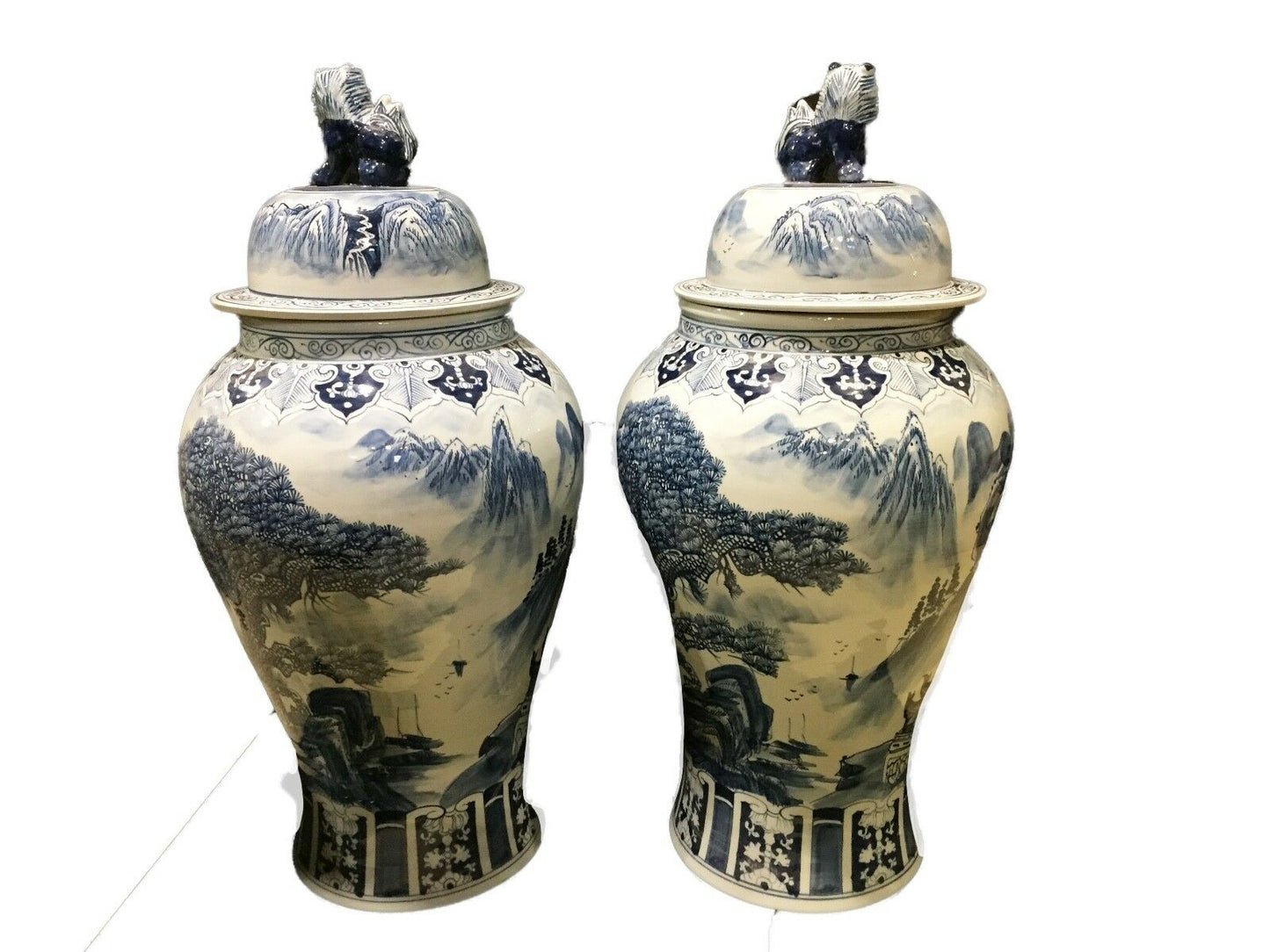 #951 Mansion Size Chinoiserie B & W Porcelain Landscape Ginger Jars - a Pair 36" H