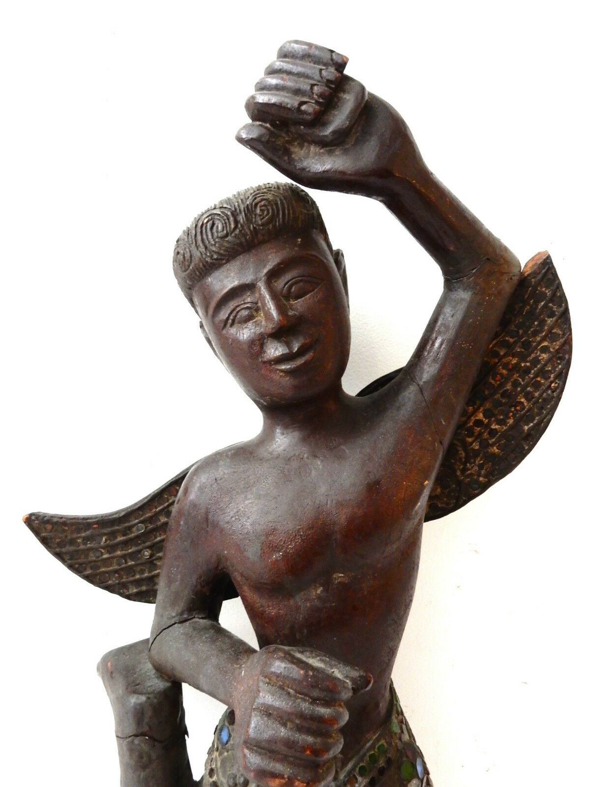 #2007 LG 19th Antique Carved Wood Thai Angel /Putt i/ Figure 22" H