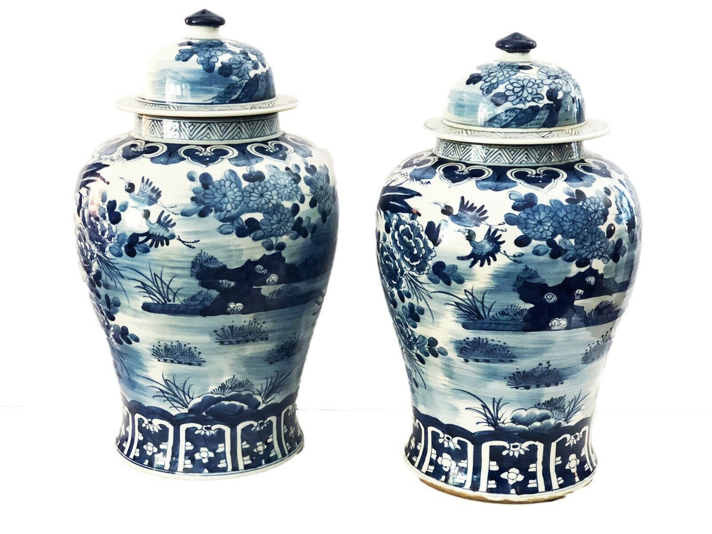 #281 Lg Chinoiserie Blue & White Porcelain Ginger Jars, 19" H