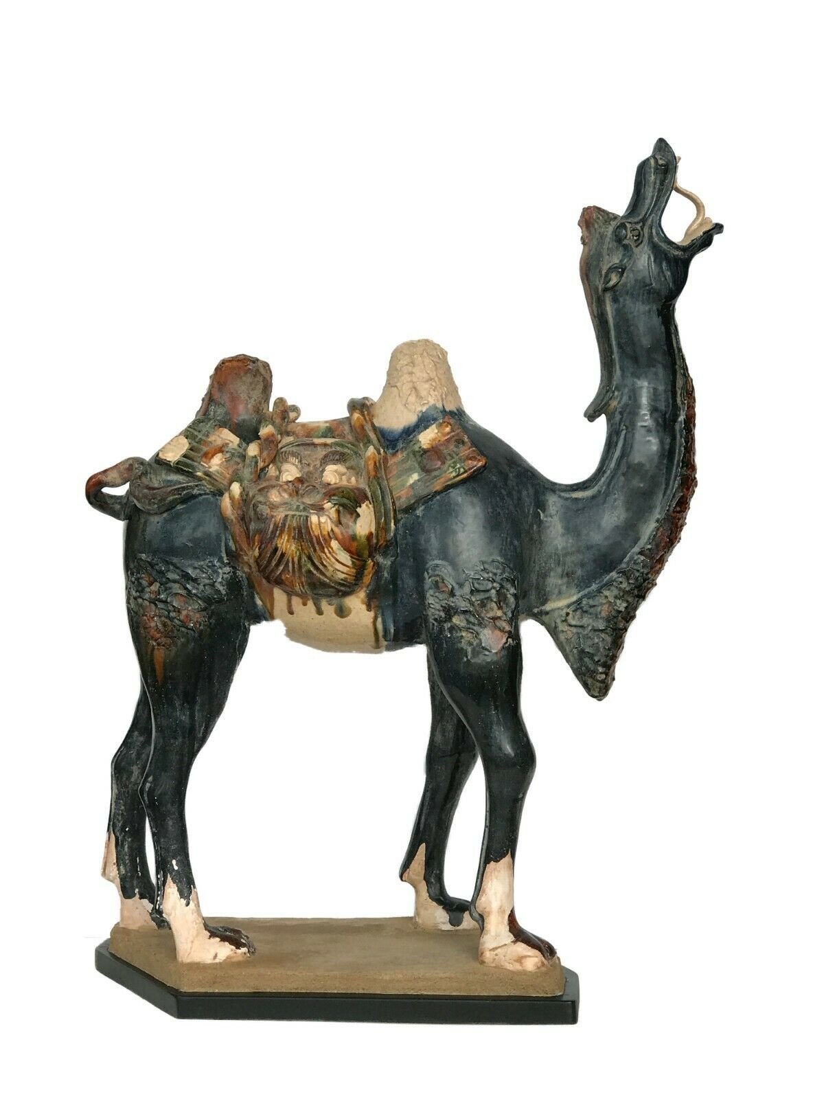#389 Lg Chinese Tang-StyleTerracotta Camel on Wood Stand 26.5" H