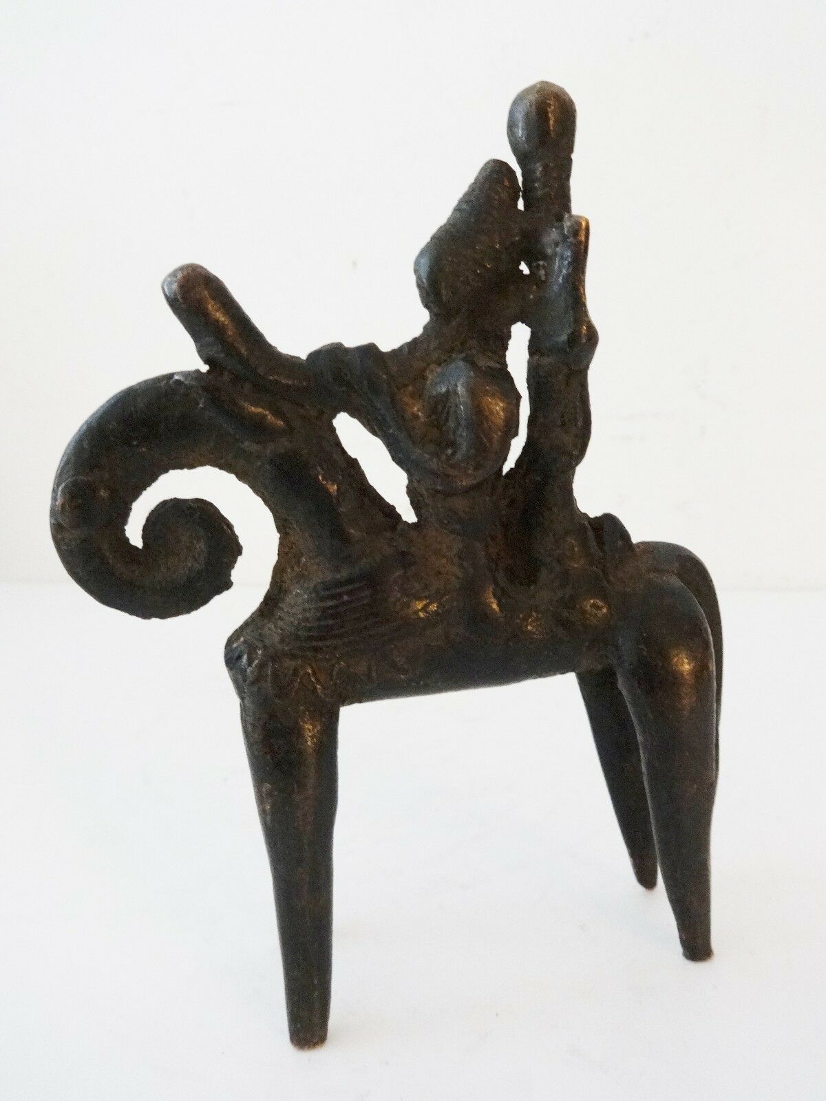 #H50 African Dogon Bronze Horseman Cast Handmade Mali 4" W by 5" H