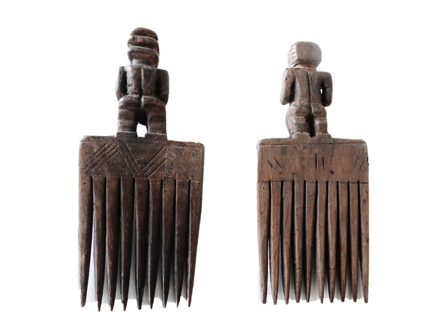 #510 African Old Baule I.Coast Combs W/ Female& Male  Sculptures.