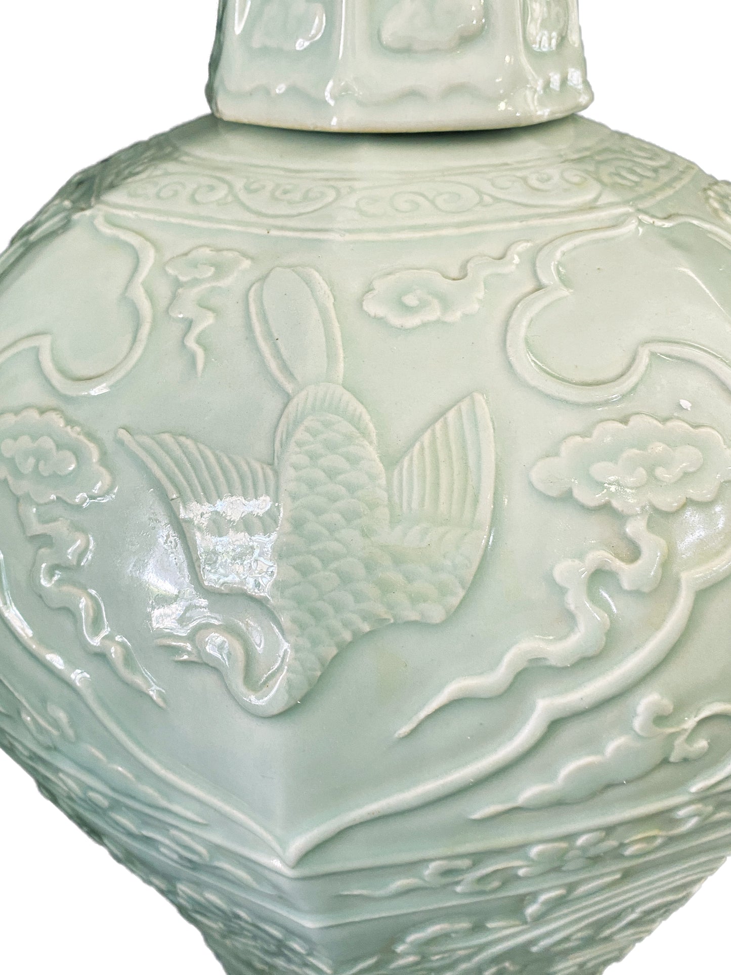 #3884 Chinoiserie Octagonal Celadon Lidded Vase.