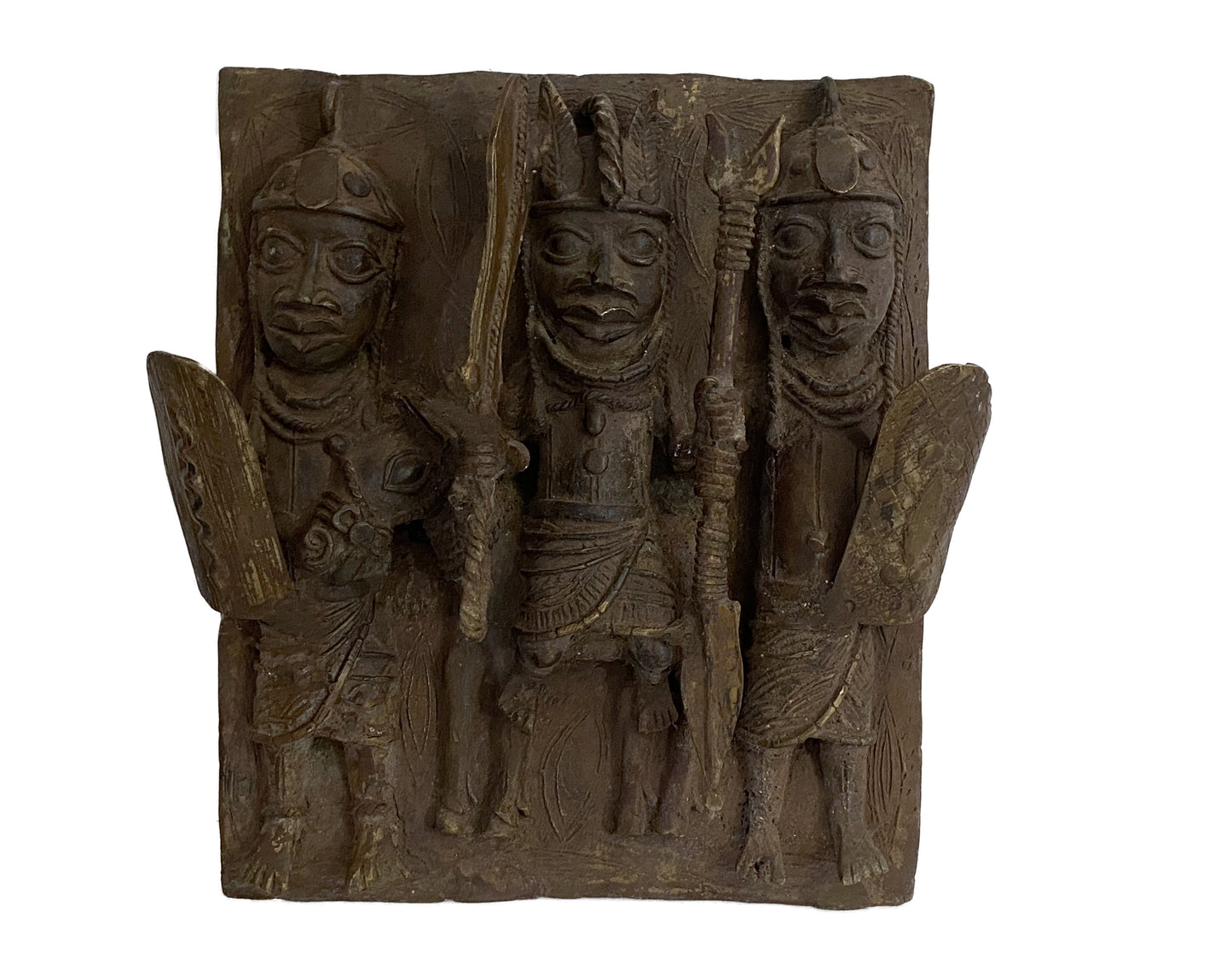 #3925  African Benin Bronze Plaque W/ Warriors 13.25" H