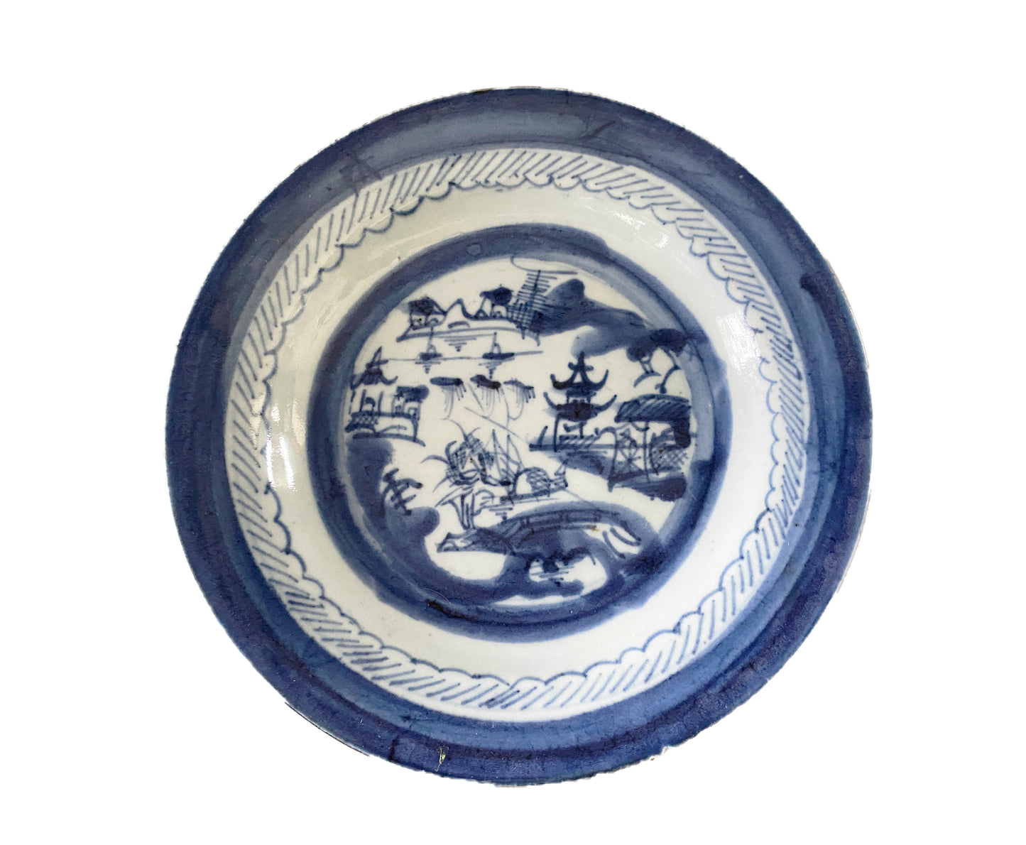 19th Century Chinese Canton Blue and White Porcelain Pagoda Motif Plate 8.5' D #  3156