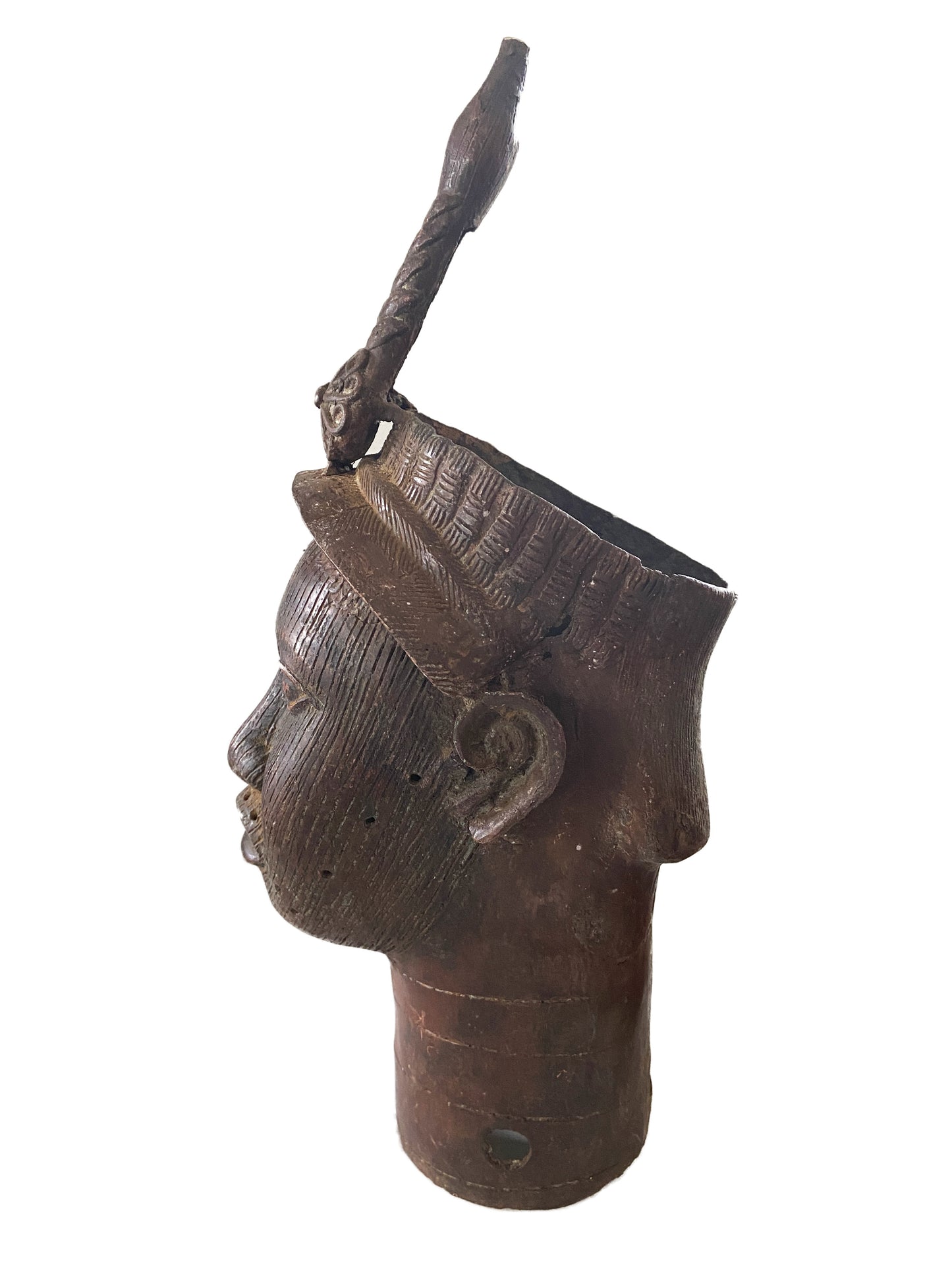 #947 Superb Lg Benin Bronze Head of Oba Nigeria African 22" H
