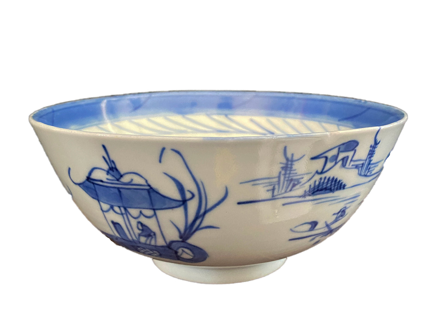 19th Century Chinese Canton Blue and White Porcelain Pagoda Motif Bowl 6" D #2176
