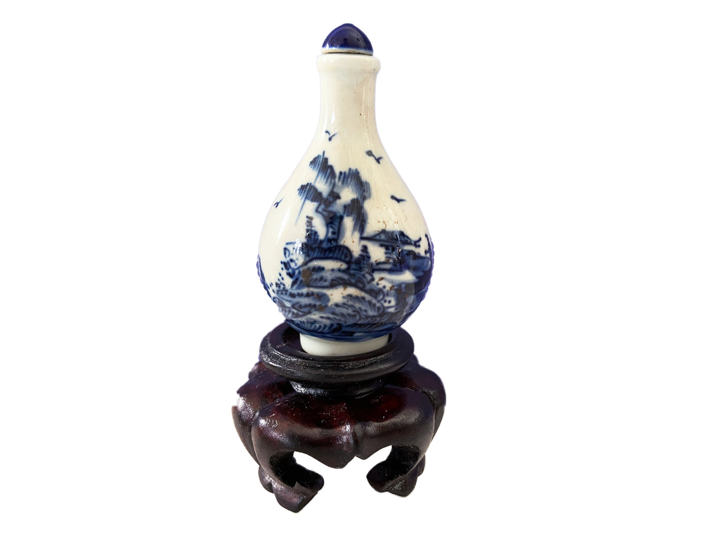 Vtg Chinoiserie Blue & White Porcelain Snuff Bottle on Stand 4.25" H