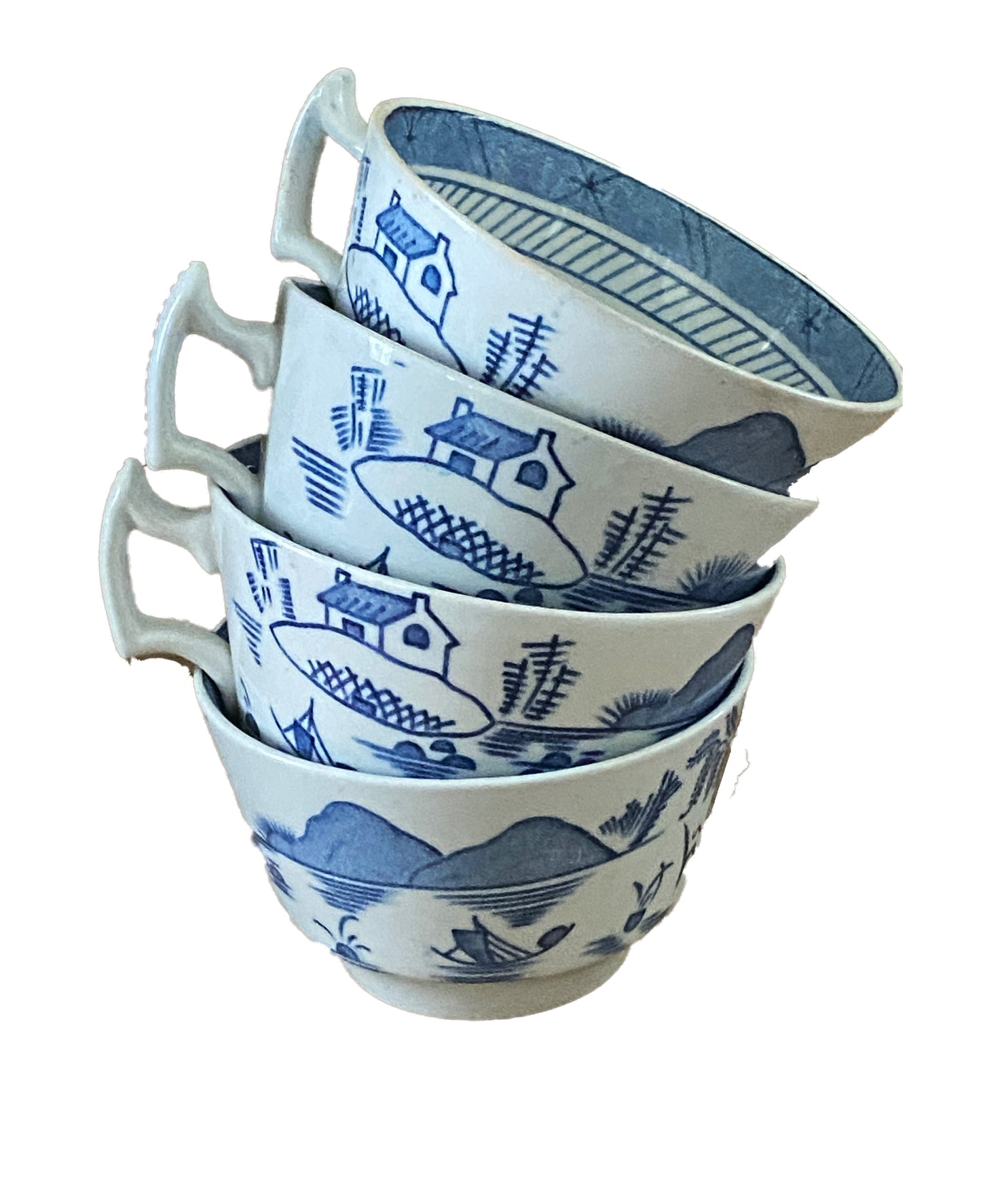 #3157 Antique English Woods Ware Canton S/4 Cups Blue Pagoda Pattern