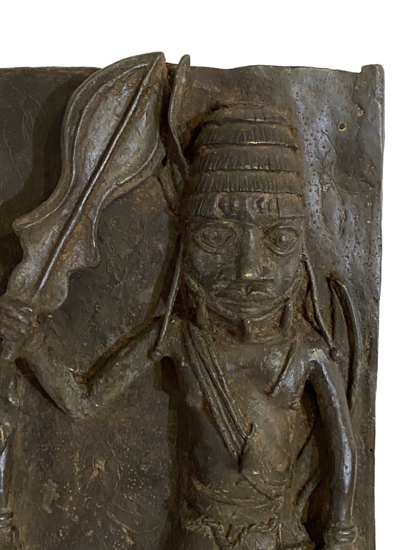#3877 Large African Benin Bronze Plaque W/ Warriors 18.25" H