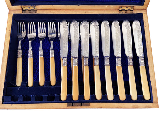 #3603 English Sheffield Engraved Fish Flatware Set for 8