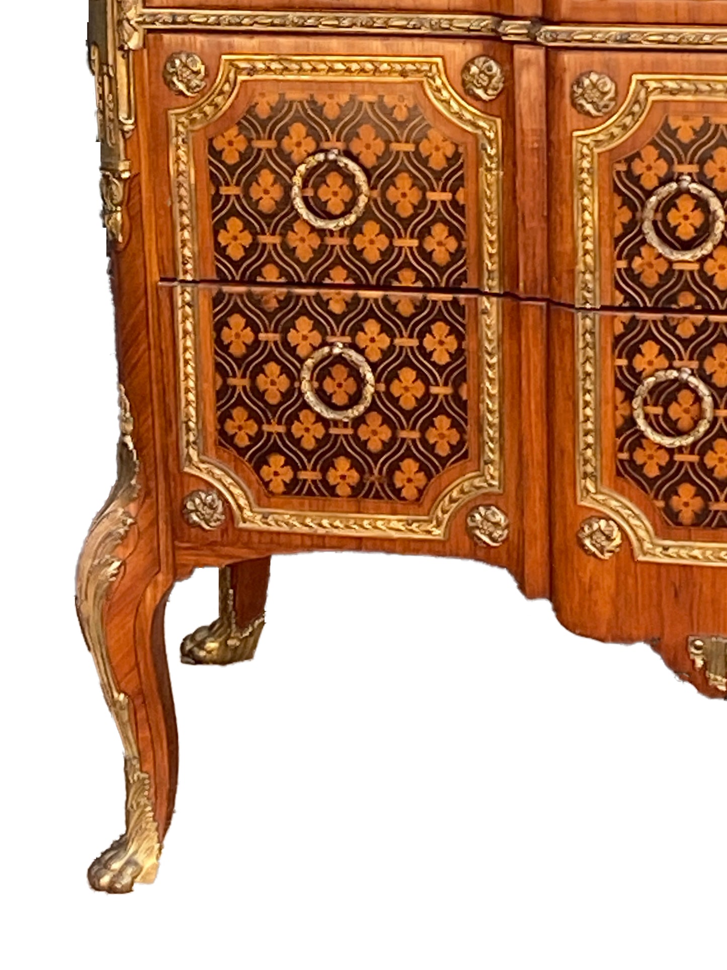 Fine French Bronze Mounted Inlaid Marble Top Commode