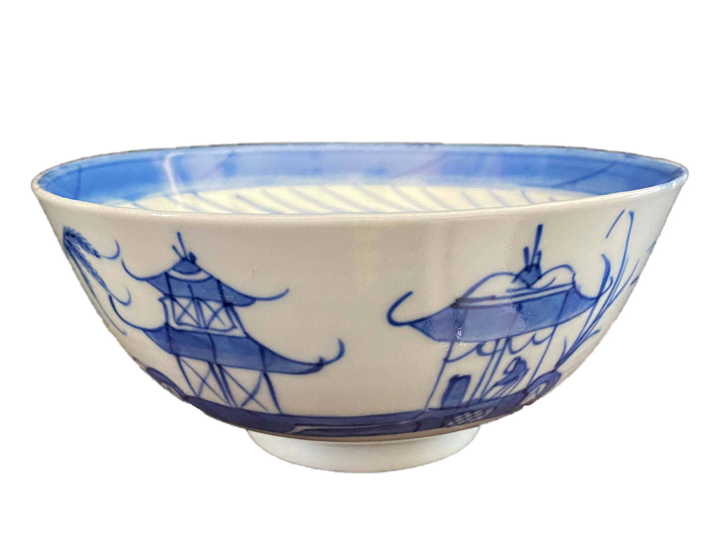 19th Century Chinese Canton Blue and White Porcelain Pagoda Motif Bowl 6" D #2176