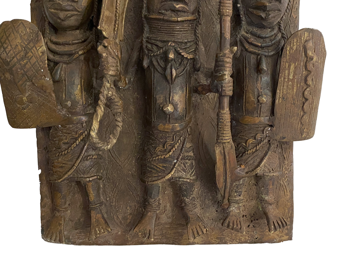 #3931  African Benin Bronze Plaque W/ Warriors 14" H