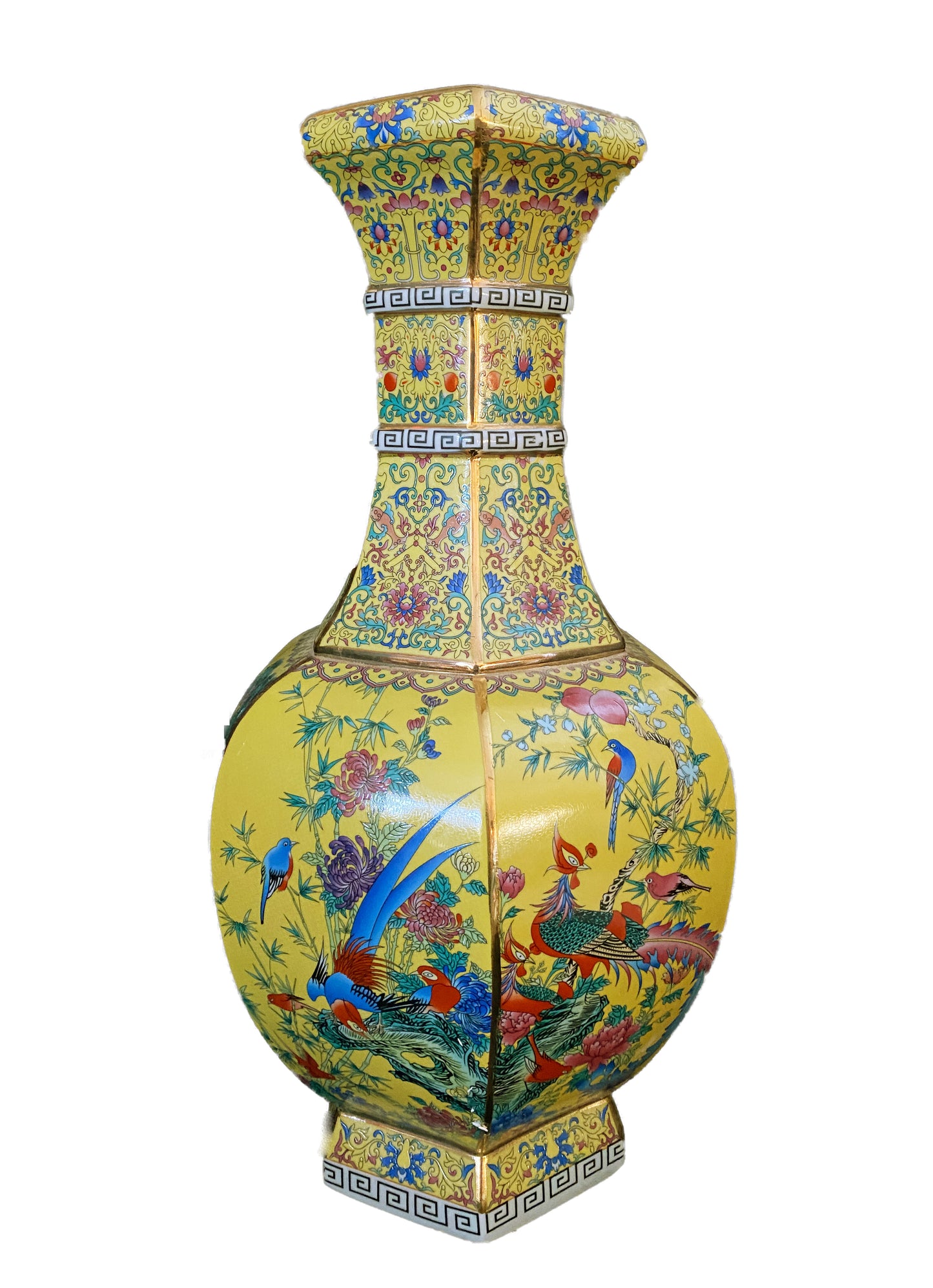 #3203 Chinoiserie Famille Jaune Hexagonal Shaped Vase 20.25" H