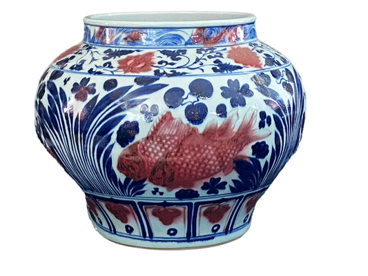 #3596 Ming Style Chinoiserie Blue and White Vase/cachepot 11" H
