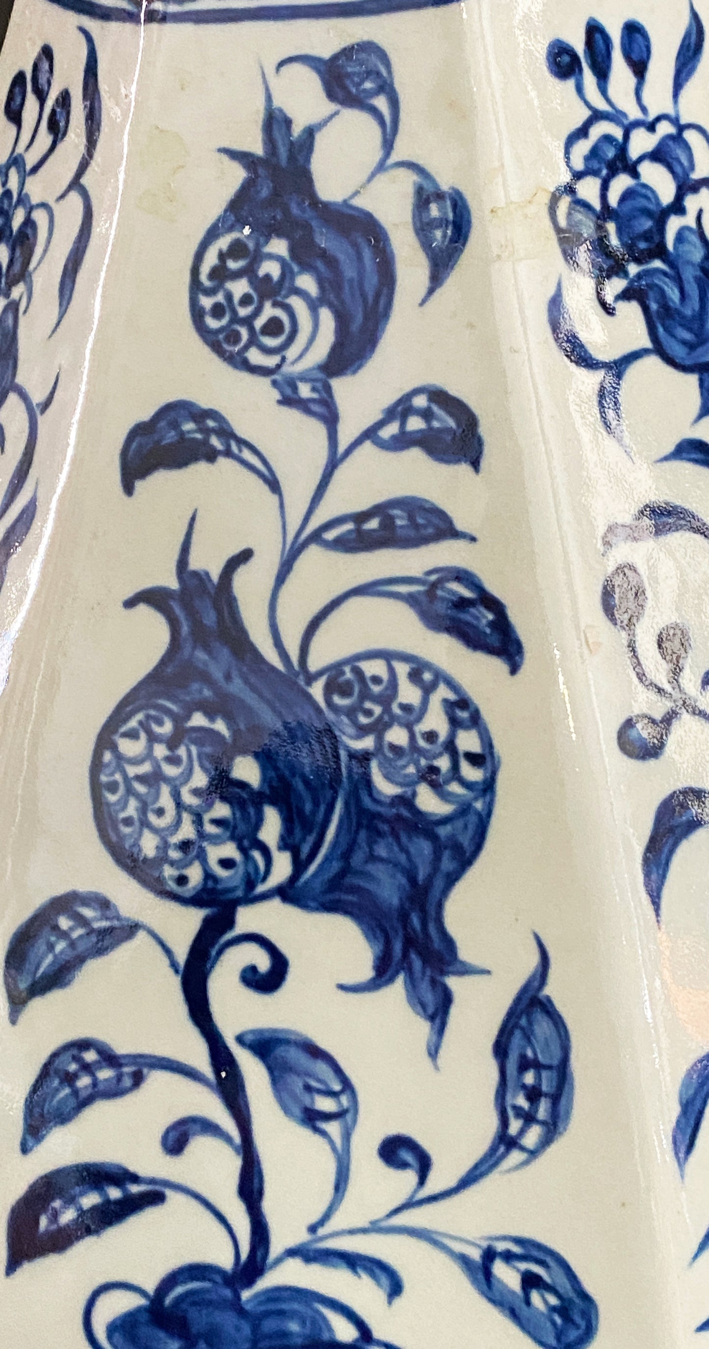 Chinoiserie Octagonal Blue & White Lidded Vase 24" H