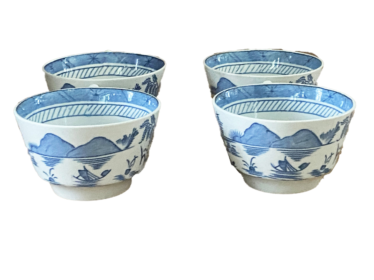 #3157 Antique English Woods Ware Canton S/4 Cups Blue Pagoda Pattern