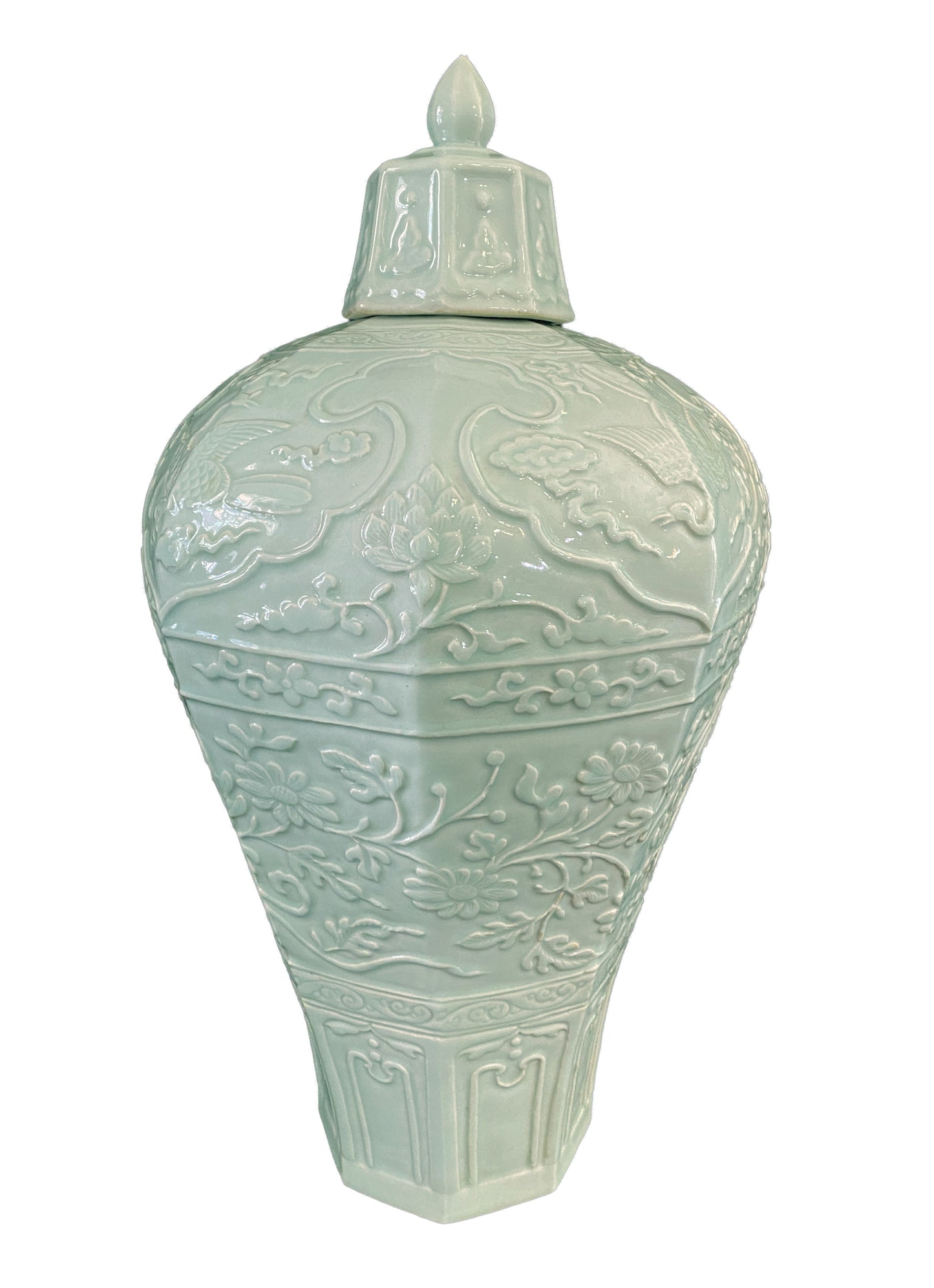 #3884 Chinoiserie Octagonal Celadon Lidded Vase.