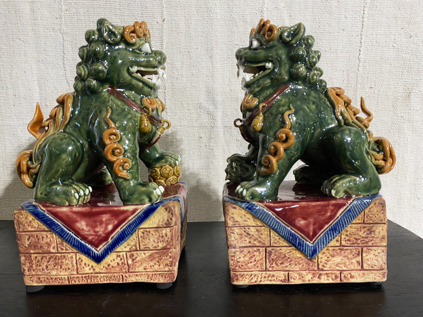 # 4158 Chinoiserie Sancai Glaze Pottery Foo Dogs - a Pair 9.5" H