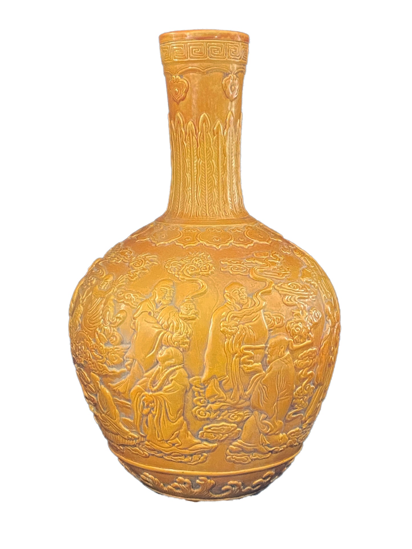 # 3405 Famille Jaune Style Onion Shape Porcelain Vase W/Buddhas