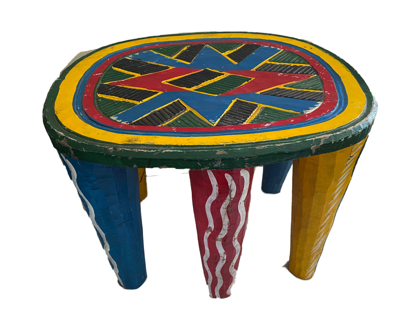 #3660 Superb African LG Colorful Nupe Stool Nigeria 11.75" h