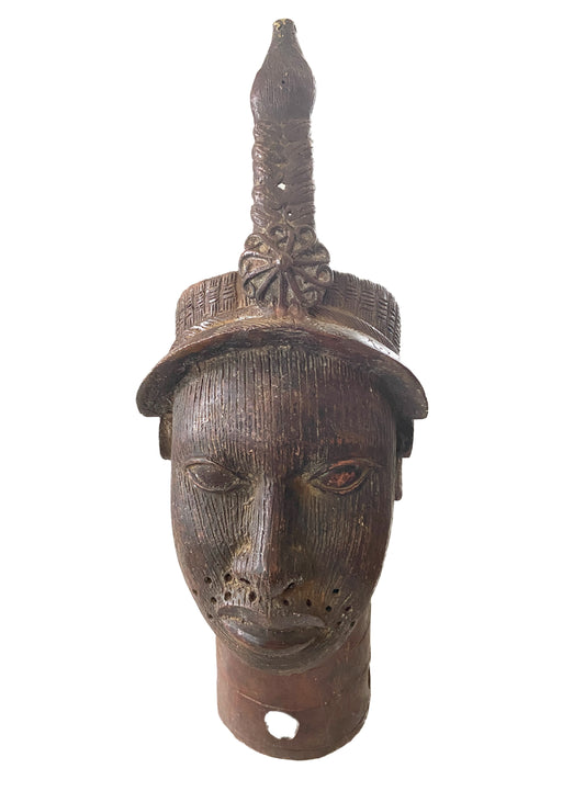 #947 Superb Lg Benin Bronze Head of Oba Nigeria African 22" H