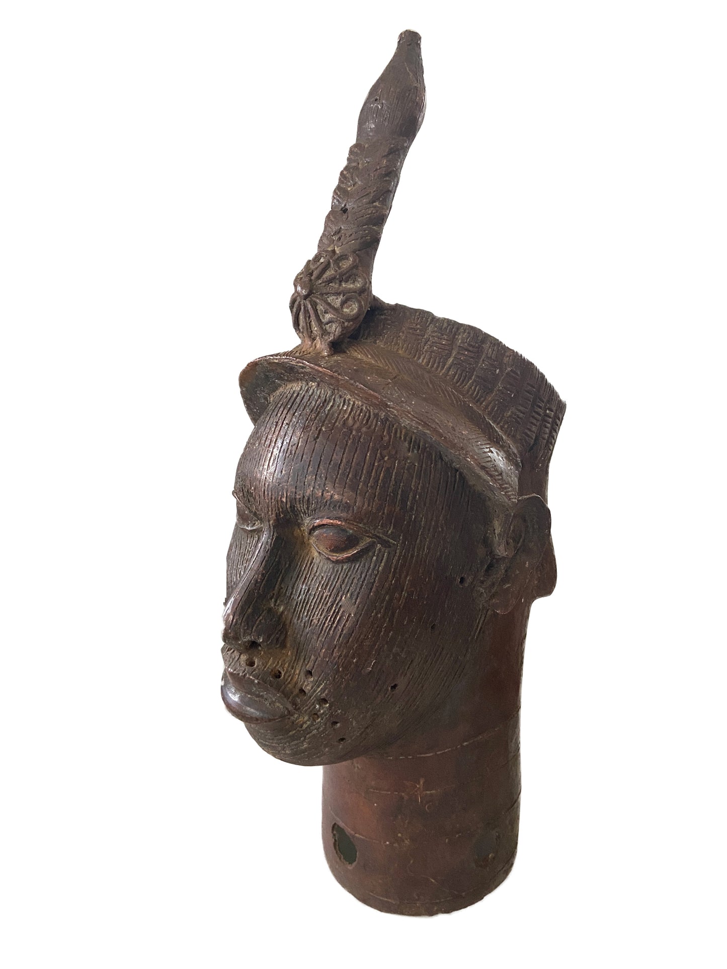 #947 Superb Lg Benin Bronze Head of Oba Nigeria African 22" H