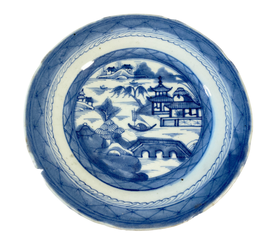 Copy of #4844 19th C Chinese Canton B and W Porcelain Pagoda Motif Plate 7.25" D
