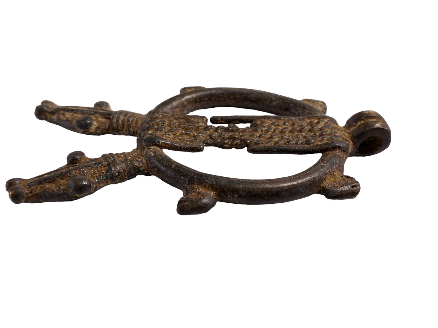 #5348 African Gan Crocodiles Bronze Gold Weight / Pendant Burkina Faso 2.75" H