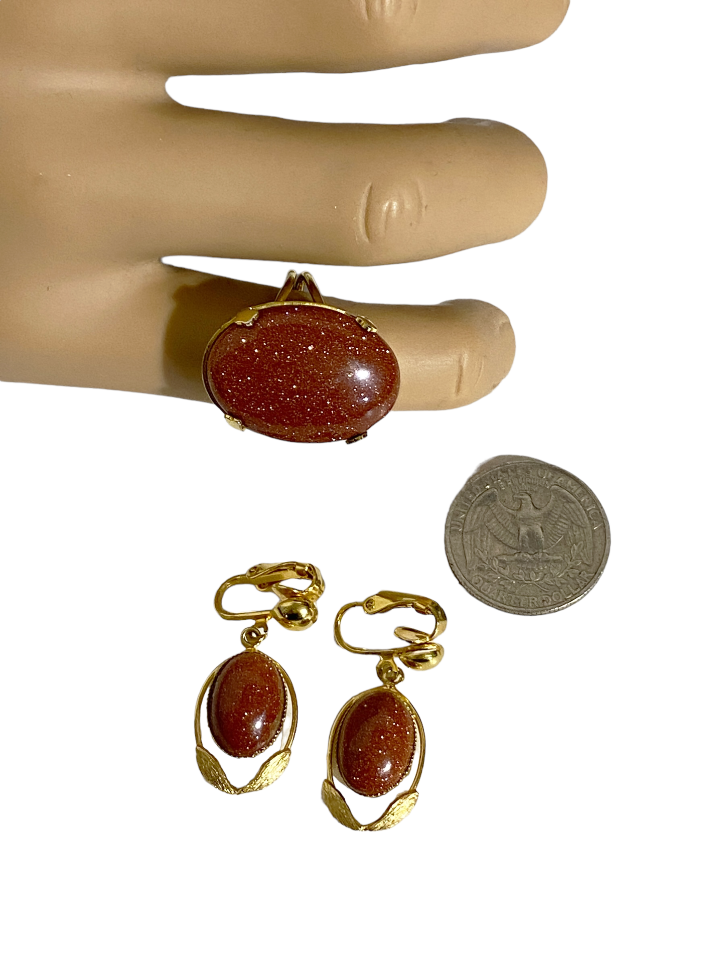 #5075 Vintage 12K Gold Filled Hallmarked Goldstone Set of A Ring And Earrings