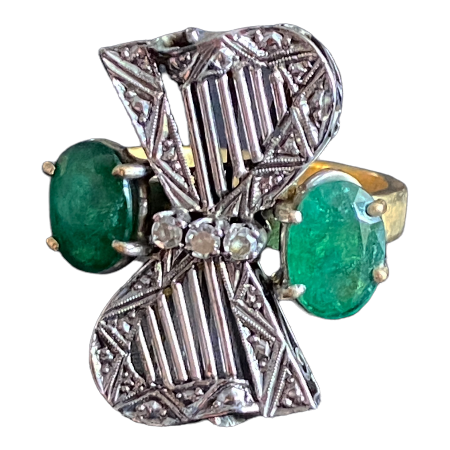 #4865 Art Deco 18 k Gold  Twin Emerald & Diamond Ring ...