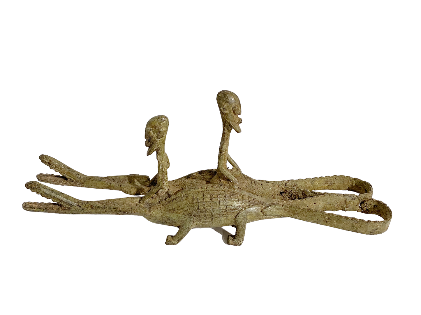 # 239 Dogon Bronze Ancestors Riding a crocodile , Mali.15 " W