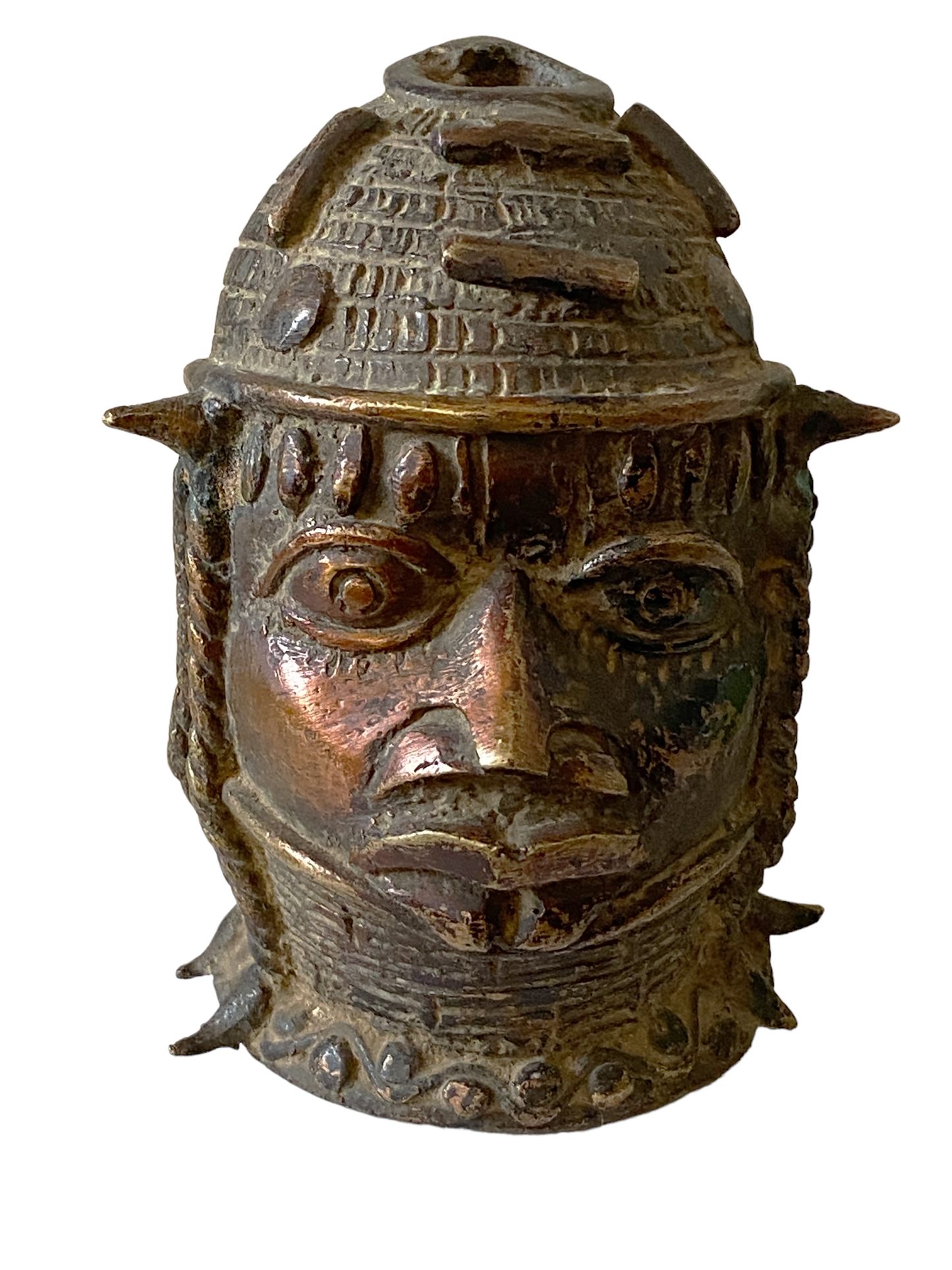 #8338 Stunning Old  Benin Bronze Brass Head of Oba Nigeria African 4.5"H