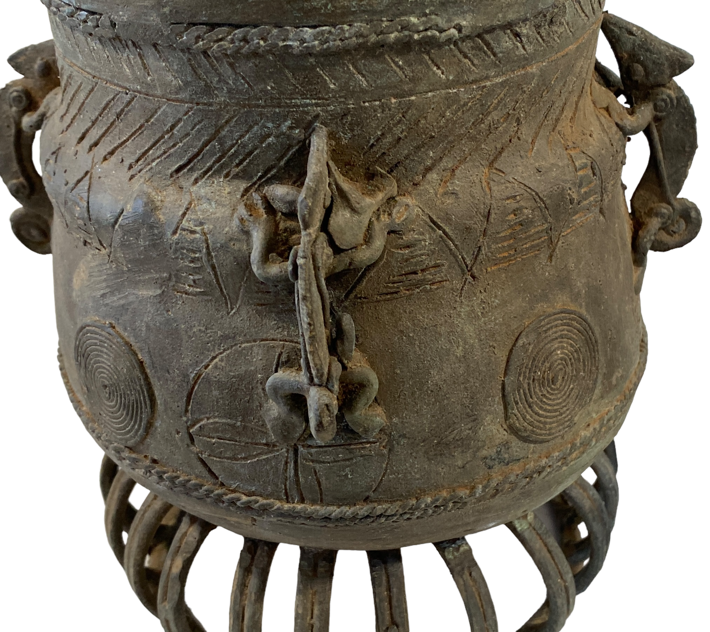 #5223 African Cast Bronze Vessel Kuduo Ashanti Tribe Ghana 12.25" H
