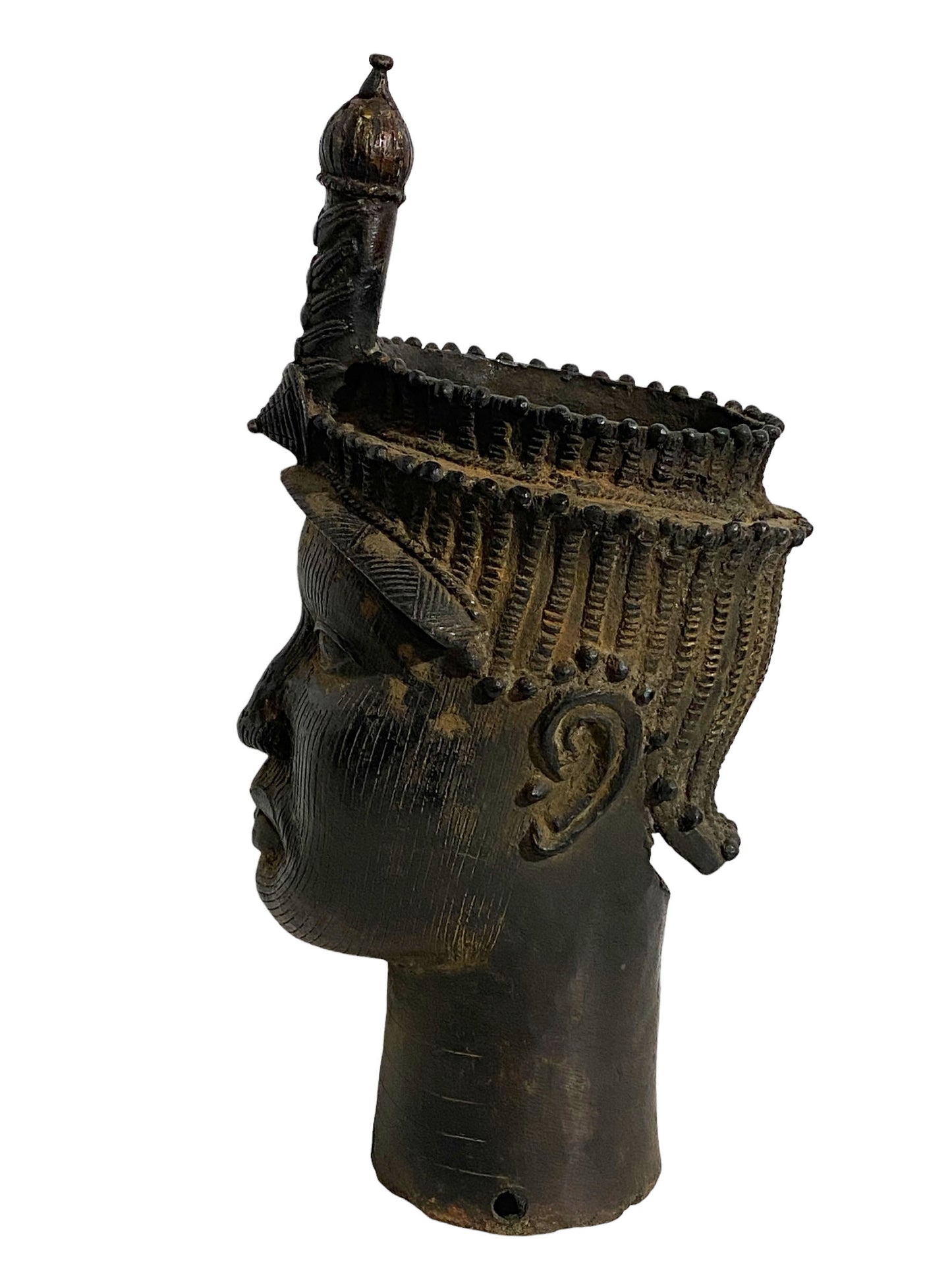 #5406 Superb Vintage Lg Benin Bronze Head of Oba Nigeria African 19" H