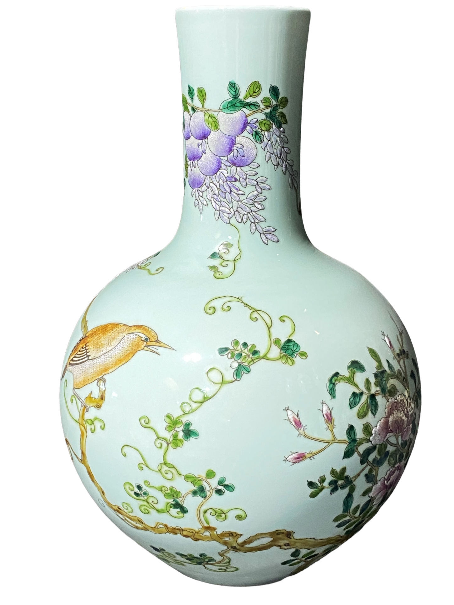 #703 Superb  Chinoiserie Porcelain Celadon Onion Shaped Vase  16.5 " H