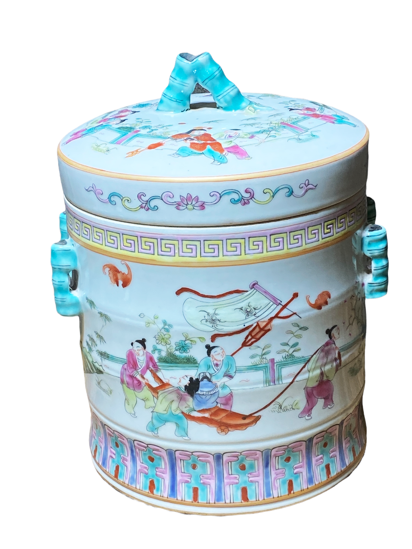 # 4823 Chinoiserie Famille Rose Porcelain Tea Canister 10" H
