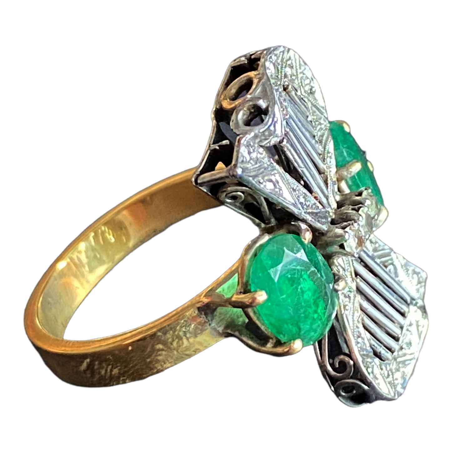 #4865 Art Deco 18 k Gold  Twin Emerald & Diamond Ring ...